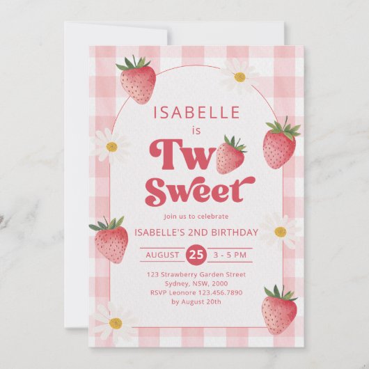 2つのスイートガールストロベリーセカンドバースデーパーティー 招待状 (正面)