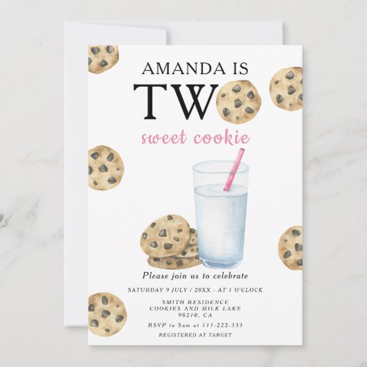 2つのスイートクッキーとミルクガールファースト誕生日 招待状 (正面)