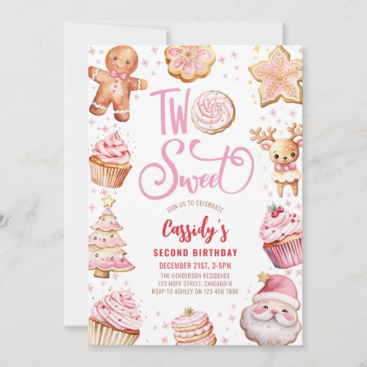 2つのスイートクリスマスクッキーガール2nd誕生日パーティー 招待状 (正面)