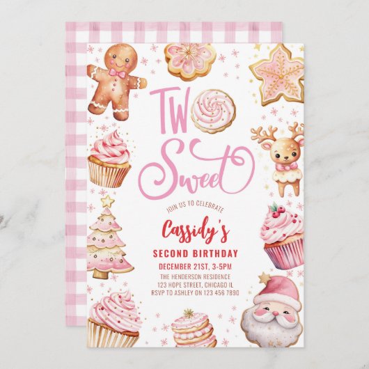 2つのスイートクリスマスクッキーガール2nd誕生日パーティー 招待状 (正面/裏面)