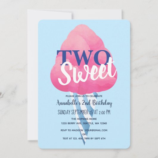 2つのスイートコットンキャンディキッズセカンド誕生日 招待状 (正面)