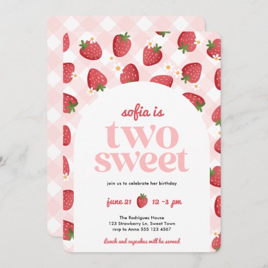 2つのスイートストロベリーガール2nd誕生日招待状 招待状 (正面/裏面)