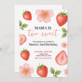 2つのスイートストロベリーセカンドバースデーパーティー 招待状 (正面/裏面)