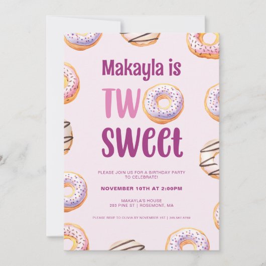 2つのスイートドーナツバースデーパーティー 招待状 (正面)