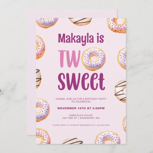 2つのスイートドーナツバースデーパーティー 招待状 (正面/裏面)