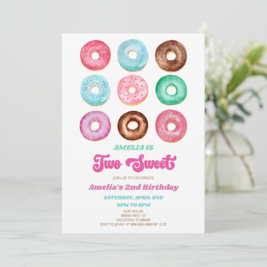2つのスイートドーナツ振りかける2nd誕生日パーティー 招待状 (スタンド正面)