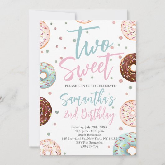 2つのスイートドーナツ水の色の女の子2誕生日 招待状 (正面)