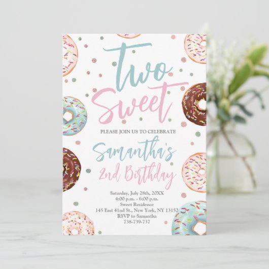 2つのスイートドーナツ水の色の女の子2誕生日 招待状 (スタンド正面)