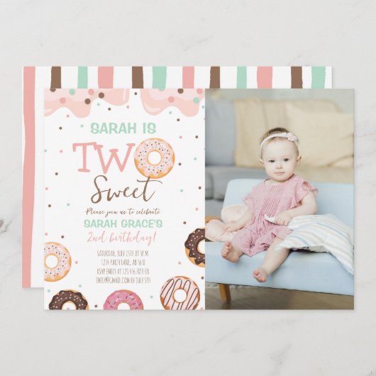 2つのスイートドーナツ2nd誕生日ホワイトフォト 招待状 (正面/裏面)