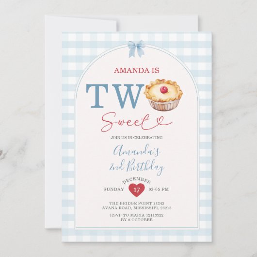 2つのスイートパイさくらんぼブルージンガム2nd誕生日 招待状 (正面)