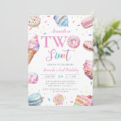 2つのスイートパステルピンクドーナツキャンディ2nd誕生日 招待状 (スタンド正面)