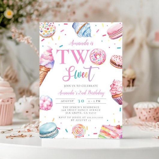 2つのスイートパステルピンクドーナツキャンディ2nd誕生日 招待状