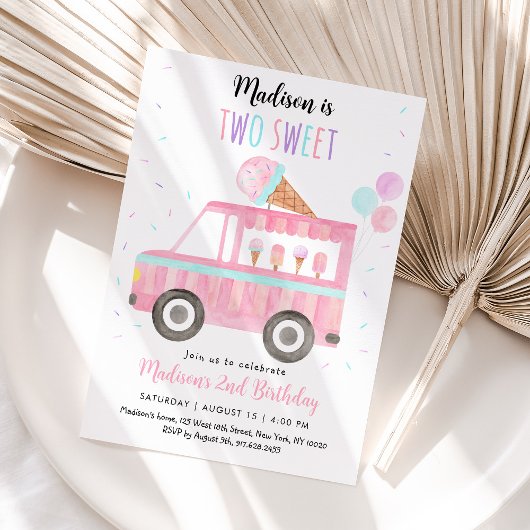 2つのスイートピンクアイスクリームトラック誕生日 招待状