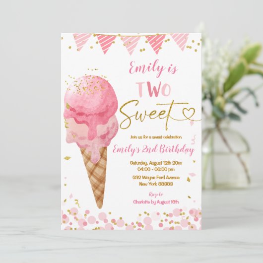 2つのスイートピンクサマーアイスクリーム第2誕生日 招待状 (スタンド正面)