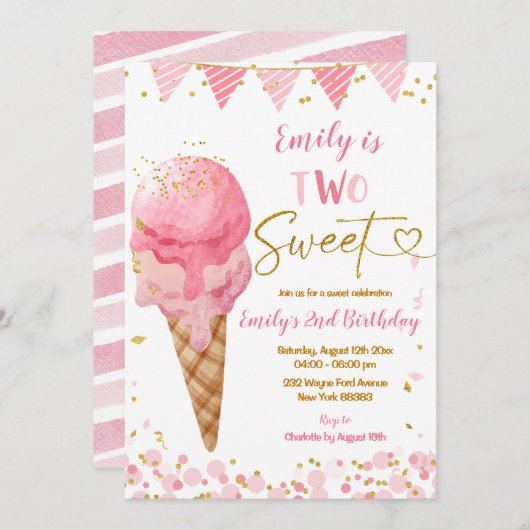 2つのスイートピンクサマーアイスクリーム第2誕生日 招待状 (正面/裏面)