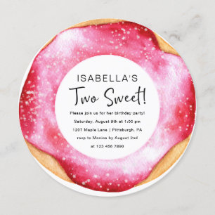 2つのスイートピンクドーナツ2nd誕生日パーティー 招待状