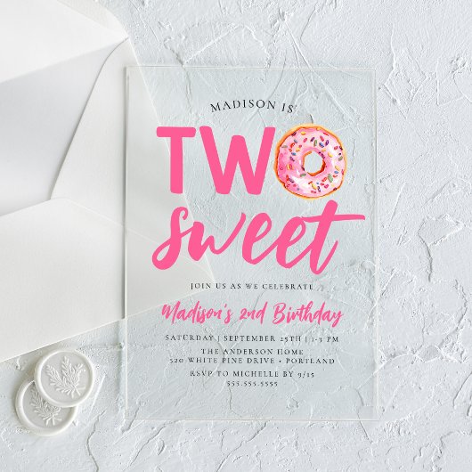2つのスイートピンクドーナツ2nd誕生日 アクリル招待状