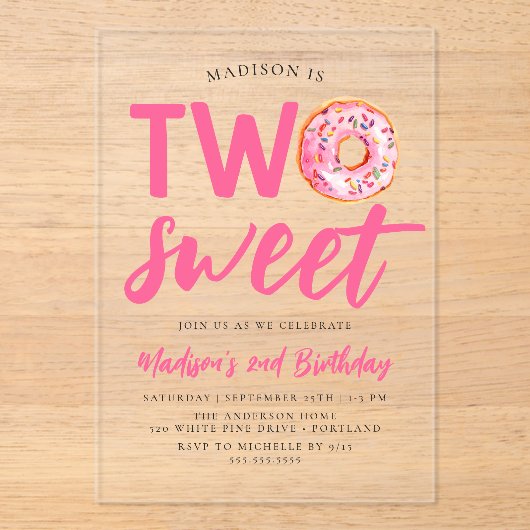 2つのスイートピンクドーナツ2nd誕生日 アクリル招待状 (正面)