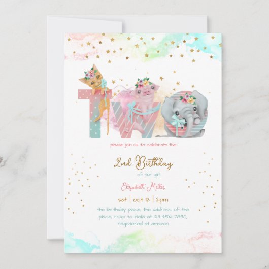 2つのスイートピンクブルーベビーガール2nd誕生日 招待状 (正面)