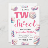 2つのスイートピンクマシュマロ2nd誕生日招待状 招待状 (正面/裏面)