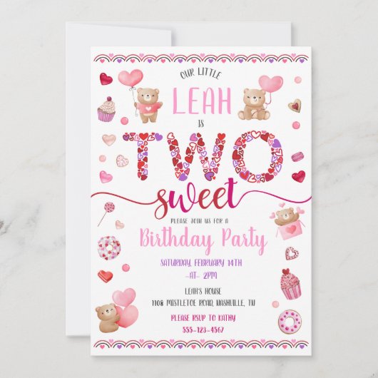 2つのスイートピンク2nd誕生日バレンタイン 招待状 (正面)