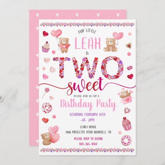 2つのスイートピンク2nd誕生日バレンタイン 招待状 (正面/裏面)