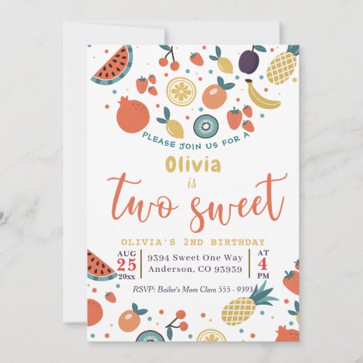 2つのスイートフルーツ2nd誕生日パーティの招待状 招待状 (正面)