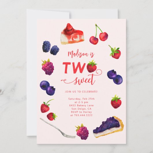 2つのスイートベリーとケーキの誕生日 招待状 (正面)