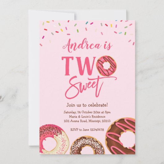 2つのスイート2枚目のドーナツをテーマにした誕生日の招待 招待状 (正面)