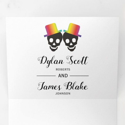 2つのスカルグルームスカラフル紙吹雪結婚ゲイ 三つ折り招待状 (内部最初)