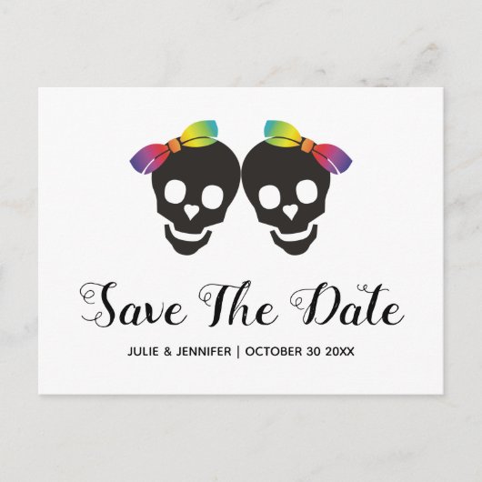 2つのスカル花嫁、紙吹雪レズビアン日付Aを保存 案内ポストカード (正面)