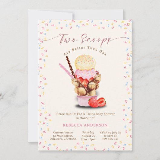 2つのスクープは1つの双子の赤ちゃんシャワーよりも良い 招待状 (正面)