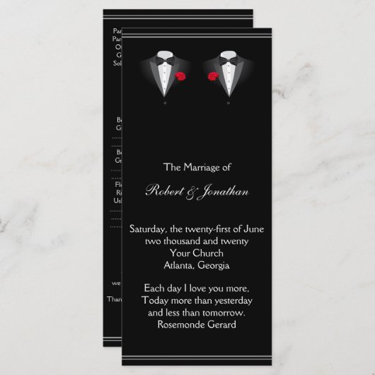 2つのタキシドスレッドローズゲイ結婚式 プログラム (正面/裏面)