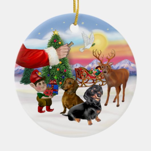 2つのダックスフントを治療する セラミックオーナメント (正面)