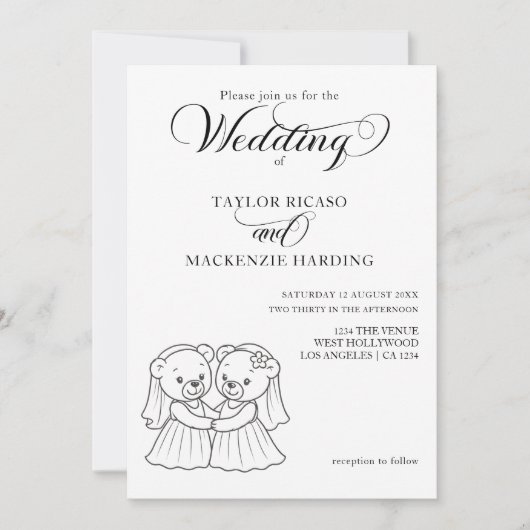 2つのテディベアのドレス結婚の花嫁 招待状 (正面)