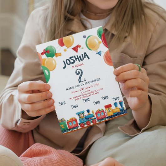 2つのトイトレイン第2子供の誕生日パーティー 招待状