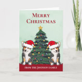 2つのトリコラーコーギドッグキュートカスタムクリスマスクリスマス シーズンカード (正面)
