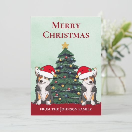2つのトリコラーコーギドッグキュートカスタムクリスマスクリスマス シーズンカード (スタンド正面)