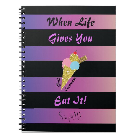 2つのトーンの黒い紫のストライプ金ゴールドアイスクリーム ノートブック (正面)