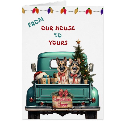 2つのドイツ羊飼い犬ファームトラッククリスマスカード (正面)