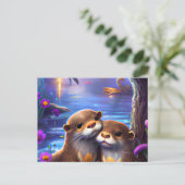 2つのハッピーベビーオッターズブルー白熱［赤熱］光を放つウェートにハグ ポストカード (スタンド正面)