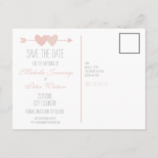 2つのハートが日付を保存 案内ポストカード (裏面)