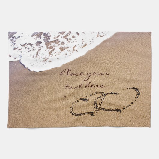 2つのハートが砂の中に キッチンタオル (横)