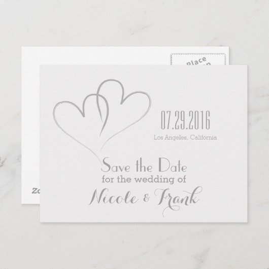 2つのハートが組み合わさって日付を保存 – シルバー 案内ポストカード (正面/裏面)