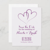 2つのハートが組み合わさって日付を保存 – 紫 案内ポストカード (正面/裏面)