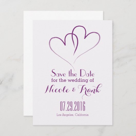 2つのハートが組み合わさって日付を保存 – 紫 案内ポストカード (正面/裏面)