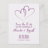 2つのハートが組み合わさって日付を保存 – 紫 案内ポストカード (正面)