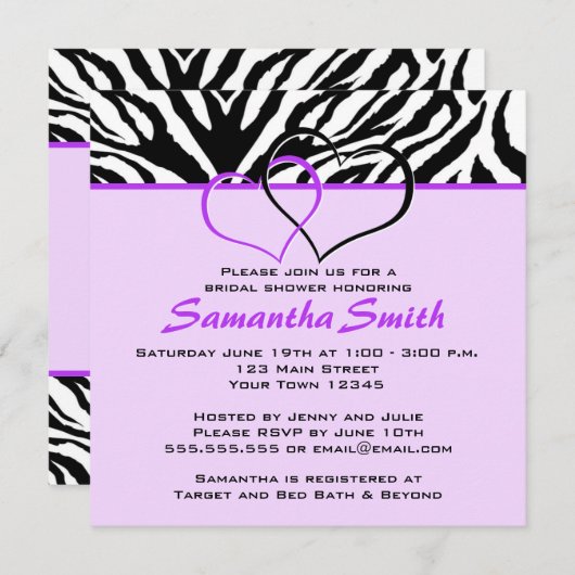 2つのハートのシマウマの紫色のブライダルシャワーのパーティーの招待 招待状 (正面/裏面)