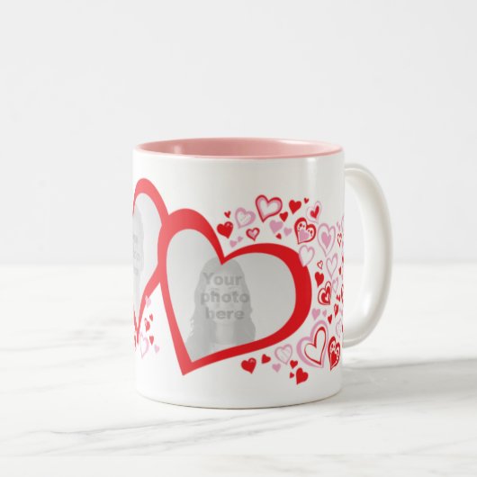 2つのハートのバレンタイン/結婚式の写真の赤いピンクのマグ ツートーンマグカップ (正面右)