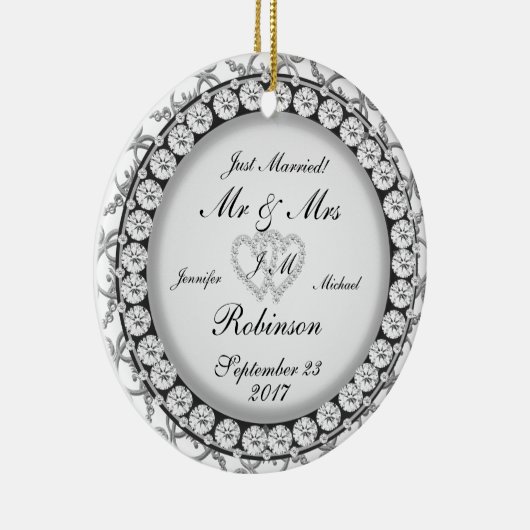 2つのハートのモノグラムの結婚式パターン セラミックオーナメント (右)